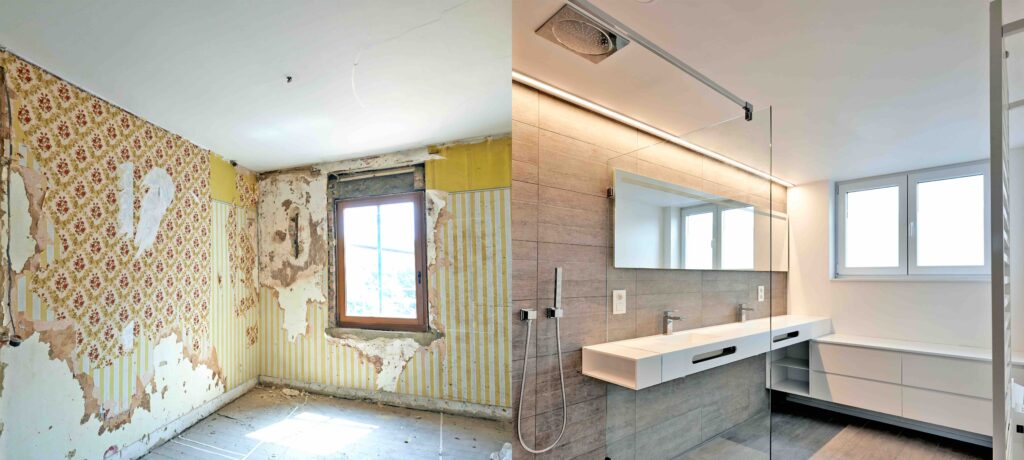 Renovation of a bathroom Before and after in horizontal format