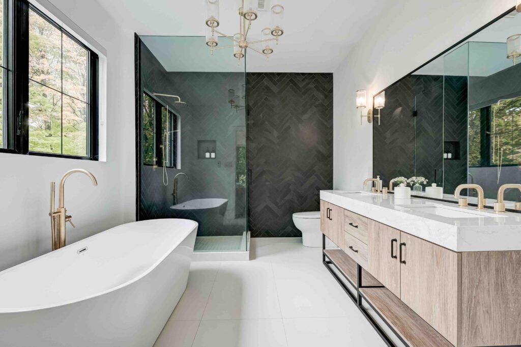 Step into luxury with this exquisite, contemporary primary bedroom bathroom. Revel in sophisticated design, upscale comfort, and tranquil relaxation, renovation style.