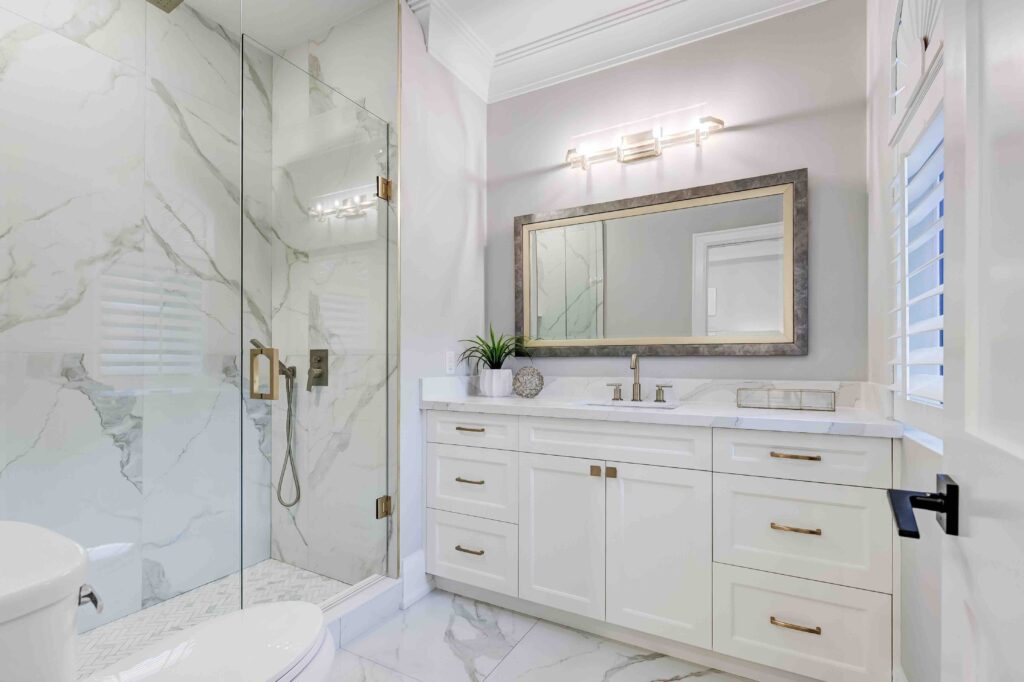 Step into luxury with this exquisite, contemporary primary bedroom bathroom. Revel in sophisticated design, upscale comfort, and tranquil relaxation, renovation style.