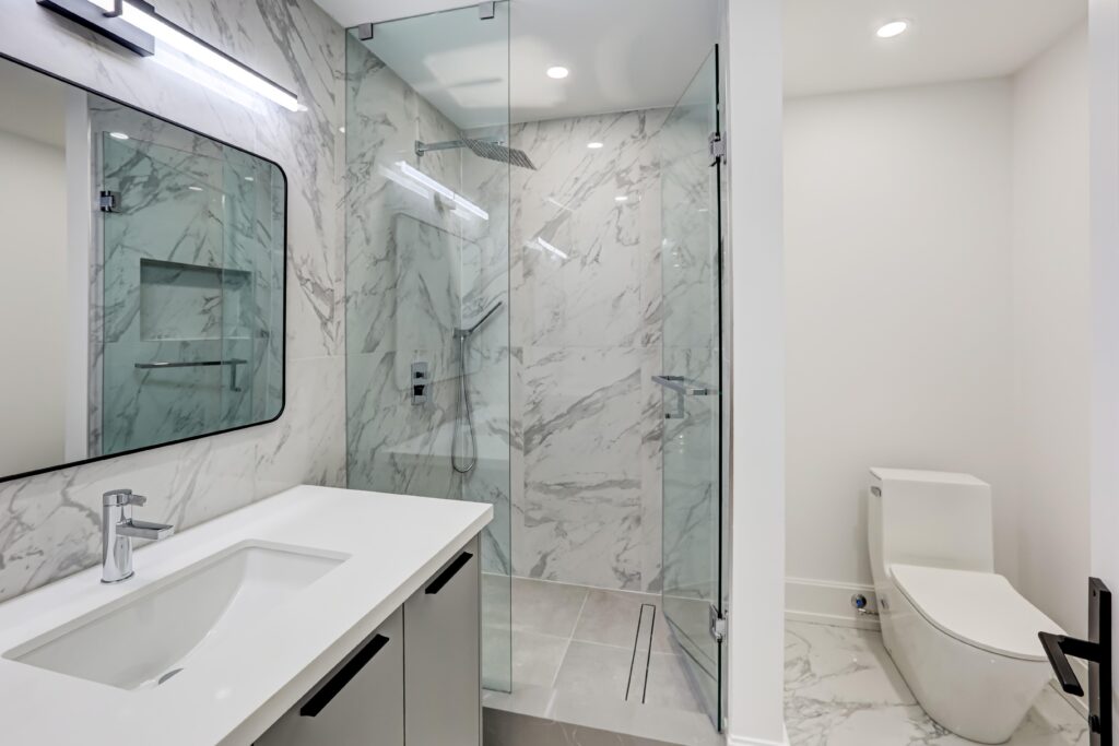 modern bathroom remodel los angeles marble tile walk in shower frameless glass