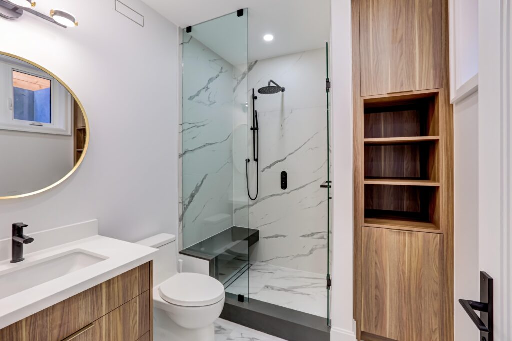 encino bathroom remodel wood vanity custom storage walk in shower bench seating