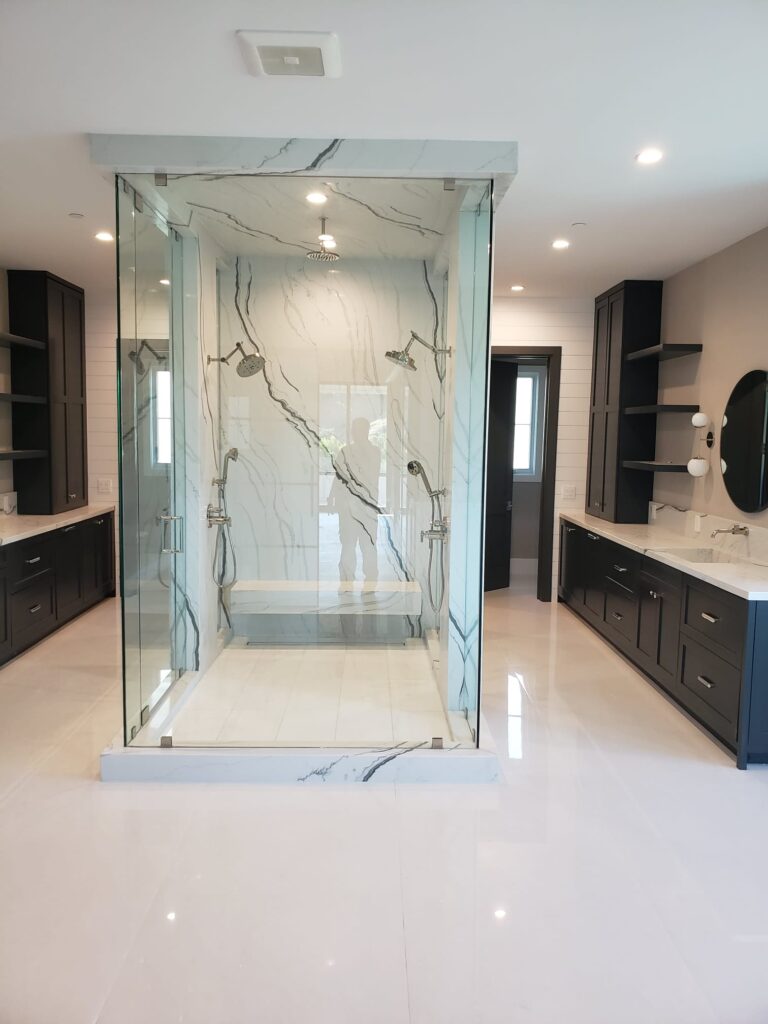 quartz countertop and tile detail bathroom remodel Los Angeles