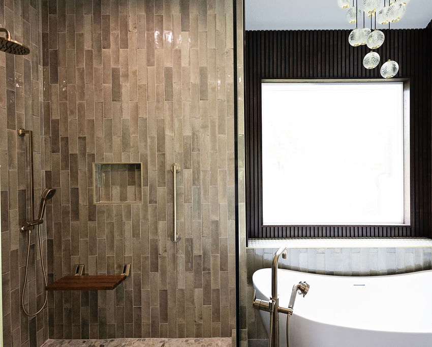 custom walnut vanity bathroom remodel Los Angeles ceramic tile wall modern sink design