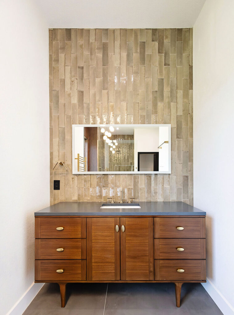 modern bathroom remodel Los Angeles double vanity walnut cabinet LED mirror quartz countertop