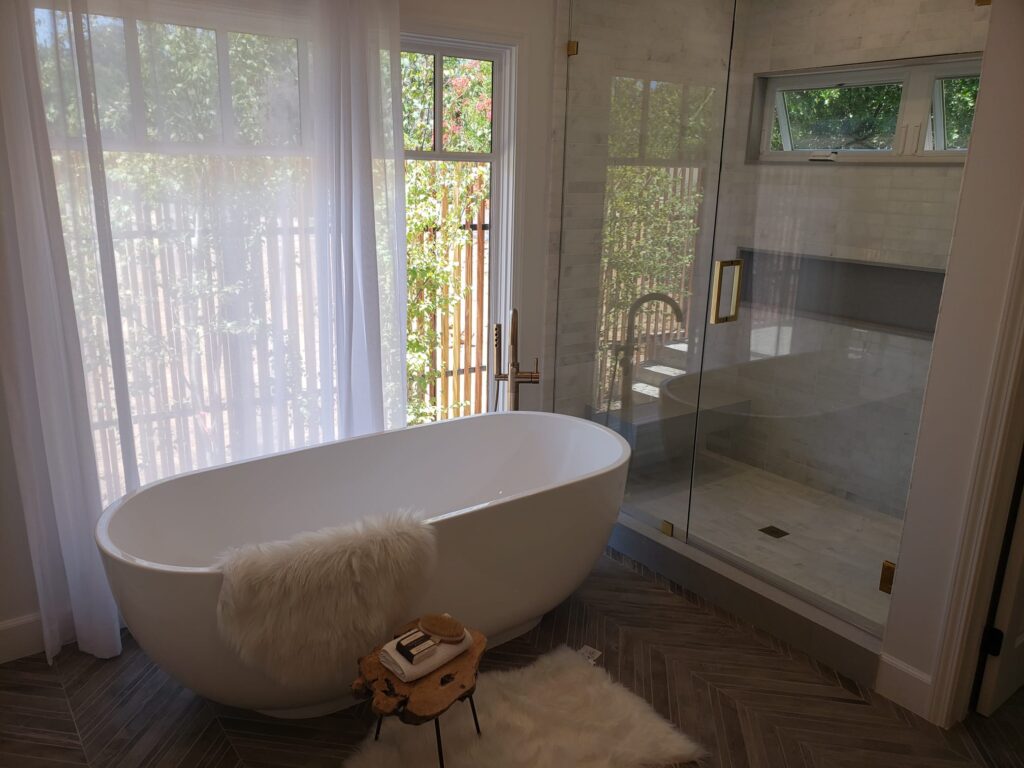 modern bathroom vanity and walk-in shower Los Angeles remodel